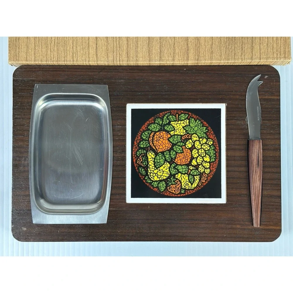 Vintage 1970s Wooden Cheese‎ Board Knife Ceramic Tile Metal Tray Never Used NIB